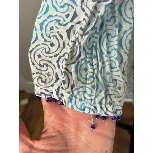 Roberta Roller Rabbit Geometric Blue Beaded Blouse V Neck 3/4 Sleeve Women's S - Picture 4 of 14